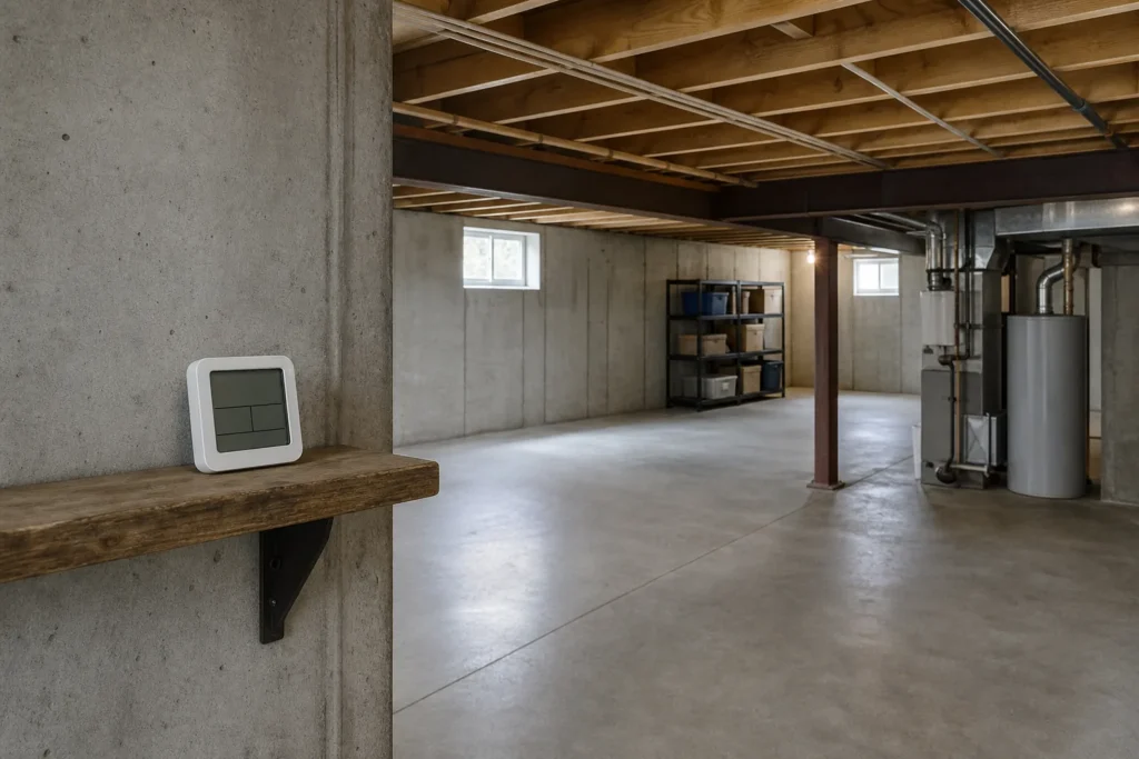 Digital hygrometer in a clean unfinished Indianapolis basement near a concrete wall.