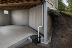 Cutaway view of a basement perimeter drain leading to a covered sump pit and discharge pipe outside the foundation.