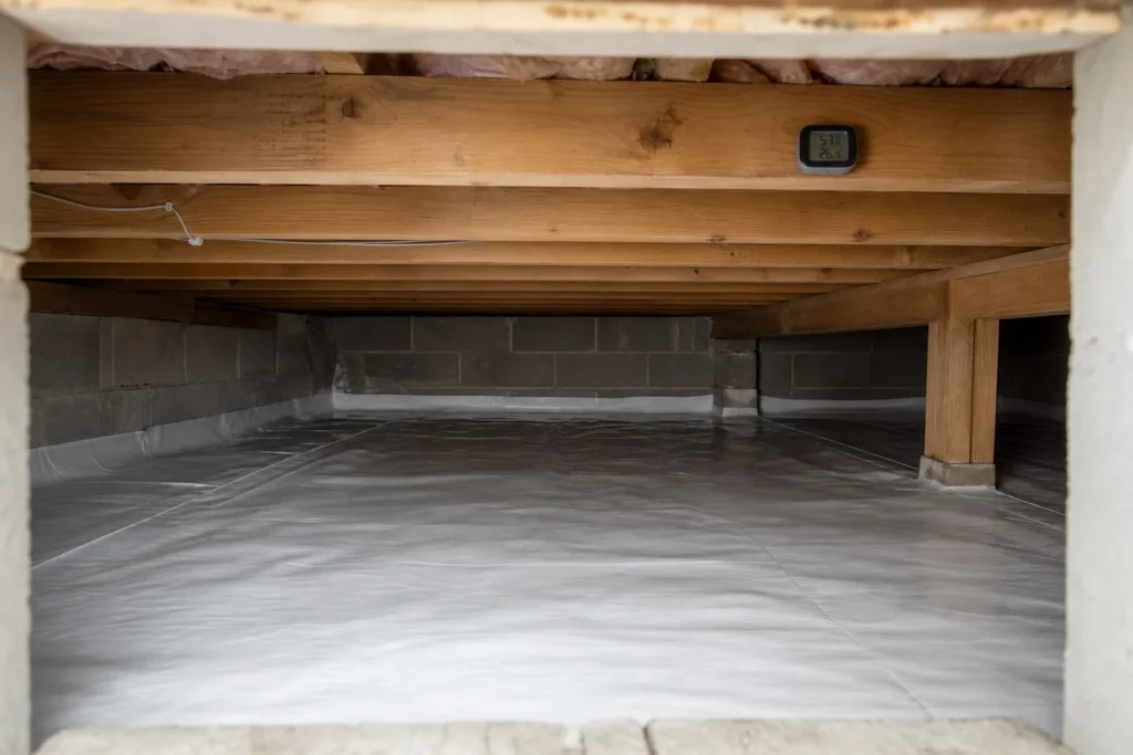View into a clean residential crawl space with a sealed ground vapor barrier, floor joists, and a small unbranded digital humidity meter on a joist.