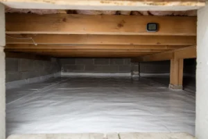 View into a clean residential crawl space with a sealed ground vapor barrier, floor joists, and a small unbranded digital humidity meter on a joist.