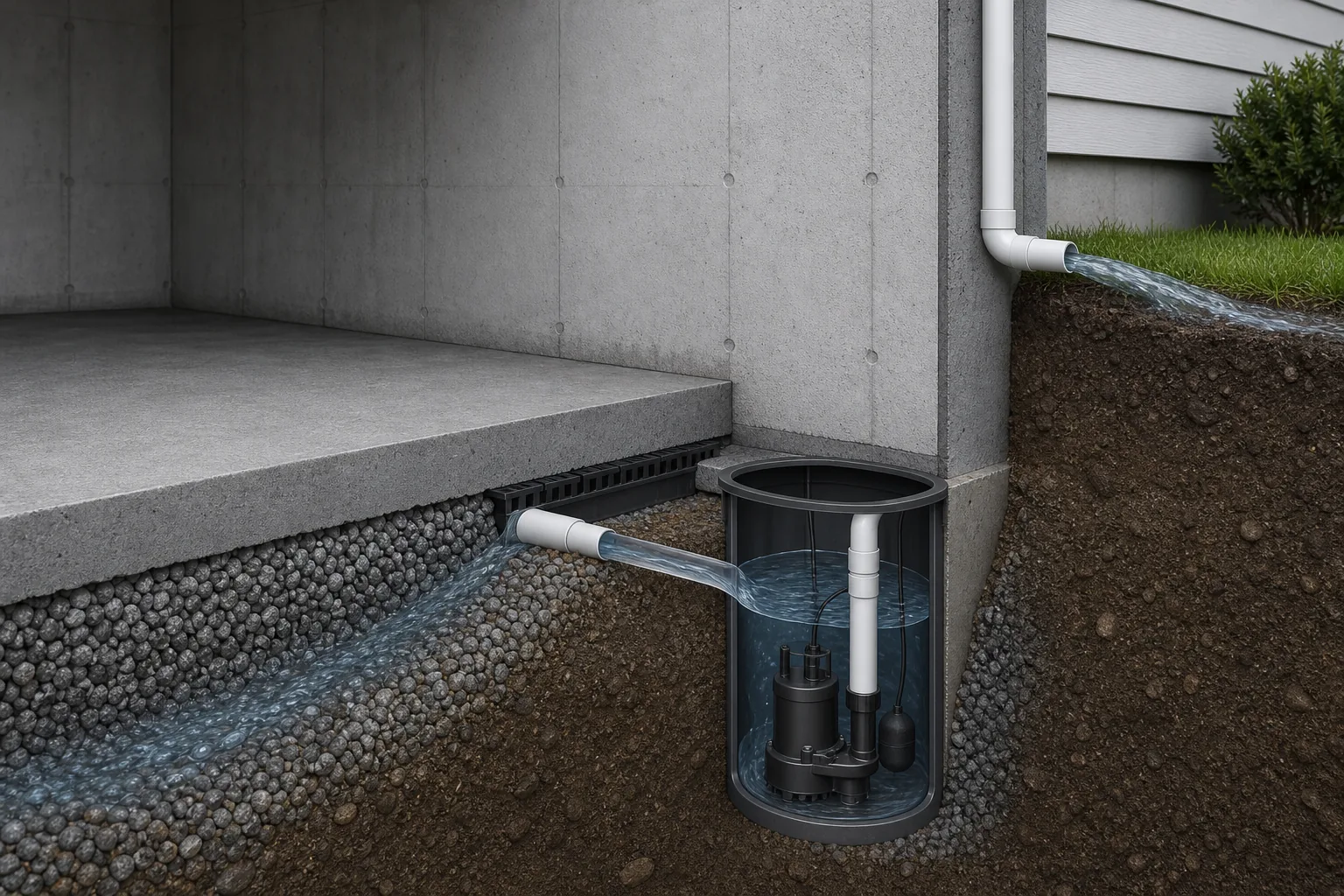 Cutaway diagram of water moving from a basement perimeter drain into a sump pit and out through a discharge pipe.