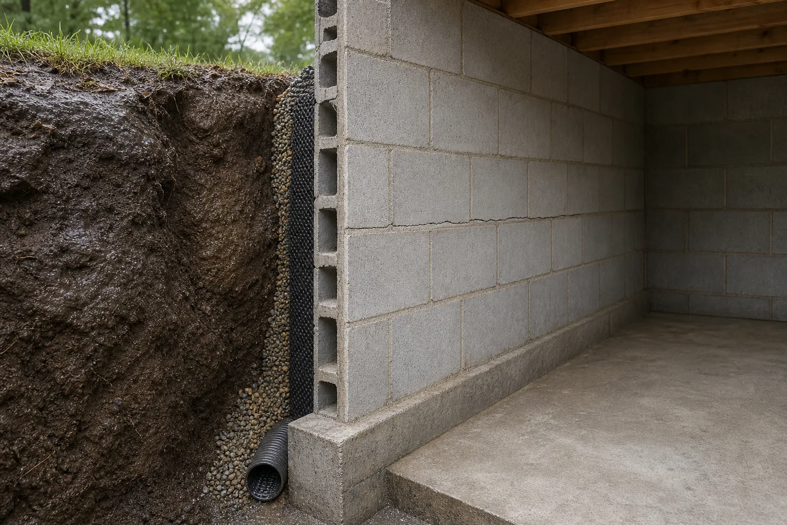 Cutaway view of a basement wall with wet soil outside and a horizontal crack at a mortar joint.