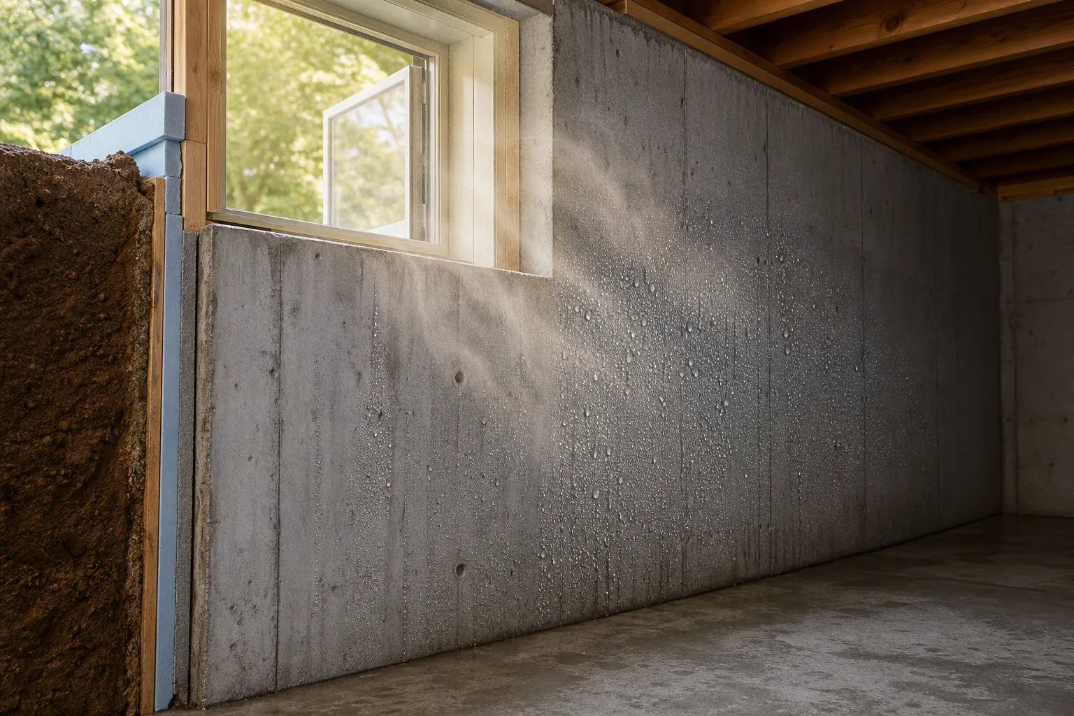 Warm humid air entering an open basement window and condensing on a cool concrete wall.
